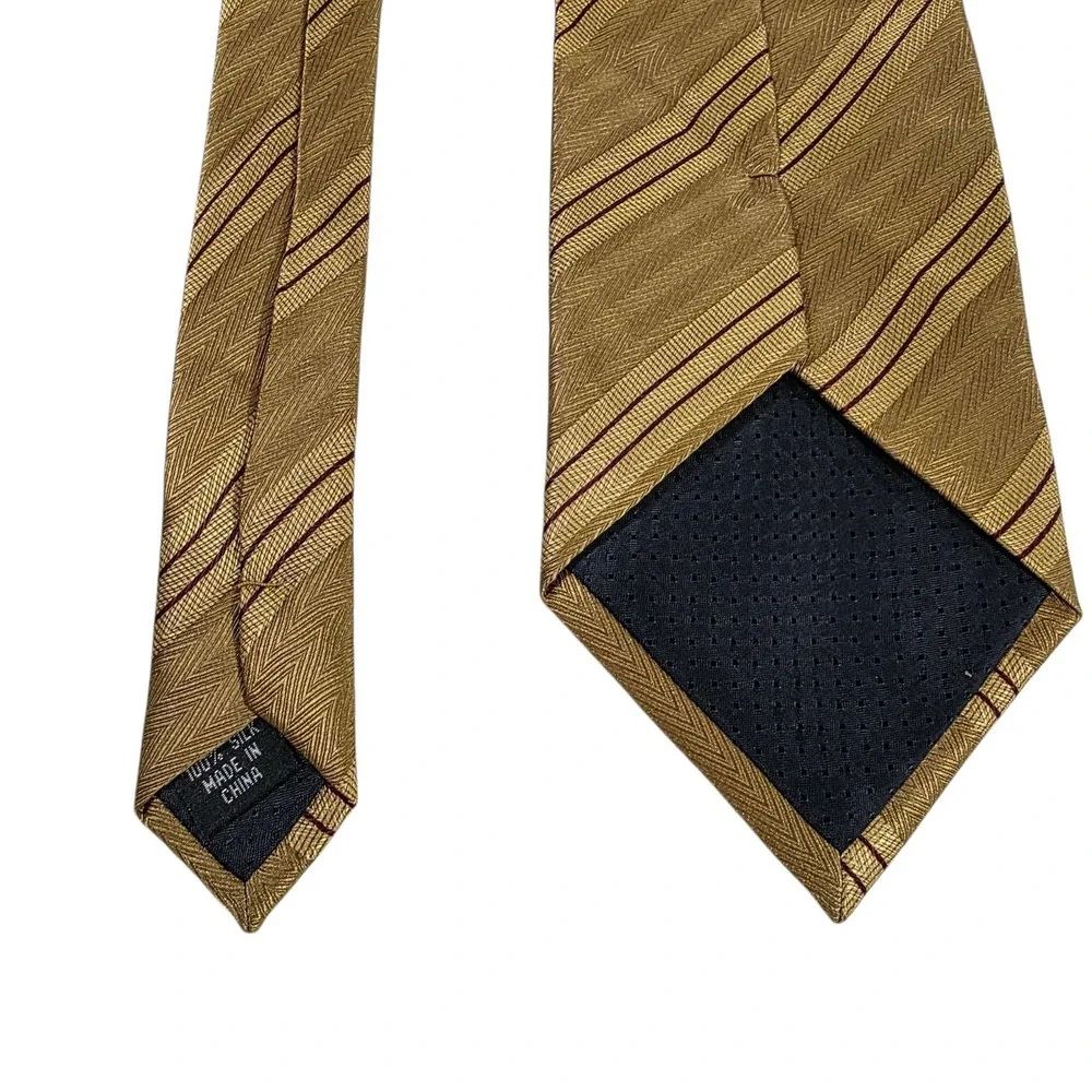 PRAGO Silk Striped Necktie Gold Burgundy Classic Formal Business Luxury Designer